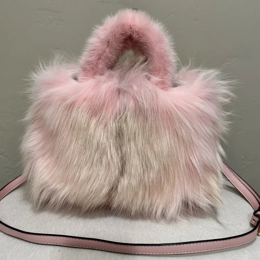 Handmade Real Fox Fur with Mink Fur Handle Satchel Bag, Includes 2 Strap Styles